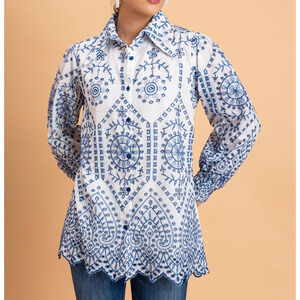 Frime White & Blue Schiffli Embroidery Pure Cotton Shirt S/M A005593